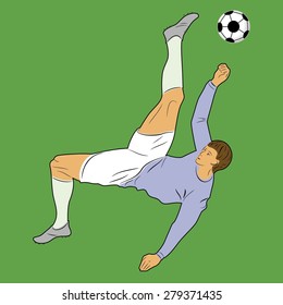 vector color soccer player silhouette. player shooting.green background
