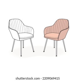 Color vectorial suave rosa pastel y el contorno blanco y negro del sillón, mobiliario para la estructura del espectáculo. Diseño plano con sofá de mano.