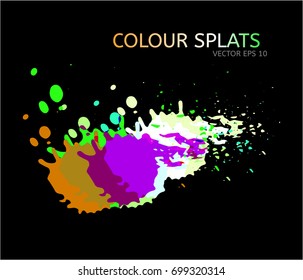 Vector color splats. Graphic paint splatter and drops. Logo or cover design modern simple elements. Funky hand painted digital iridescent ink traces. Trendy brush spots, spilled liquid illustration.