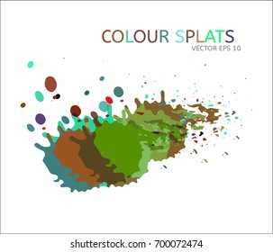 Vector color splats. Graphic paint splatter and drops. Logo or cover design modern simple elements. Funky hand painted digital iridescent ink traces. Trendy brush spots, spilled liquid illustration.