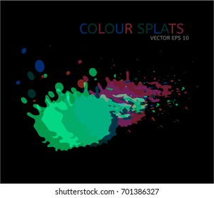Vector color splats. Graphic paint splatter and drops. Logo or cover design modern simple elements. Funky hand painted digital iridescent ink traces. Trendy brush spots, spilled liquid illustration.
