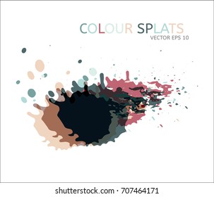 Vector color splats. Graphic paint splatter and drops. Logo or cover design modern simple elements. Funky hand painted digital iridescent ink traces. Trendy brush spots, spilled liquid illustration.