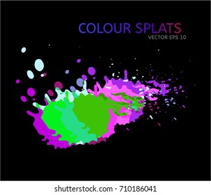 Vector color splats. Graphic paint splatter and drops. Logo or cover design modern simple elements. Funky hand painted digital iridescent ink traces. Trendy brush spots, spilled liquid illustration.