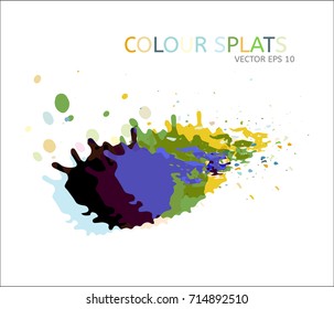 Vector color splats. Graphic paint splatter and drops. Logo or cover design modern simple elements. Funky hand painted digital iridescent ink traces. Trendy brush spots, spilled liquid illustration.