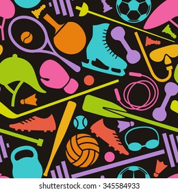 Vector color sport equipment seamless pattern. Healthy lifestyle concept. Fitness dark illustration for print, web