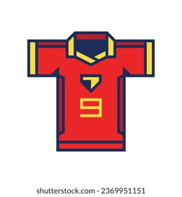 Vector color sport icon football red jersey with yellow short sleeves, collar, number, logo and blue outline on white background.