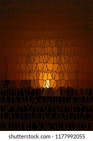 Vector color stained-glass window style illustration of the sunset. A stylish mosaic background, the sunset over the trees.