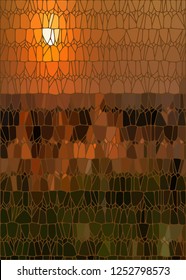 Vector color stained-glass window style illustration of the sunset. A stylish mosaic background, the sunset over the trees