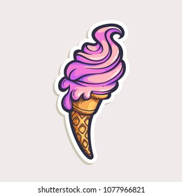 Vector color sticker with cartoon ice cream isolated on white. Hand drawn illustration of sweet in comics style.