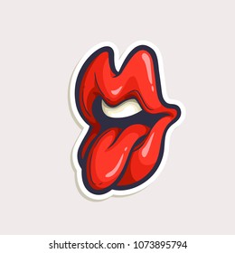 Vector color sticker cartoon mouth showing tongue. Hand drawn lips in comics style isolated on white.