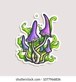 Vector color sticker with psychedelic mushrooms in comics style. Hand drawn cartoon illustration with poison toadstool isolated on white.