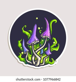 Vector color sticker with psychedelic mushrooms in comics style. Hand drawn cartoon illustration with poison toadstool isolated on white.