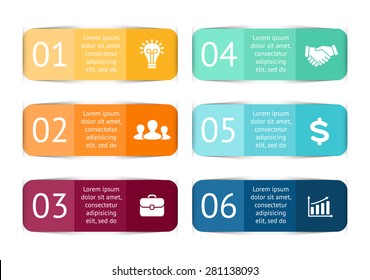 Vector color stickers and labels for infographic. Diagram, graph, presentation or chart template. Business concept with 6 options, parts, steps, processes. Data visualization