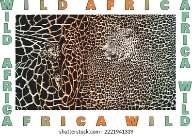 vector color stylized illustration background of giraffe and leopard