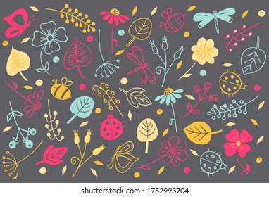Vektorfarben, Sommerhintergrund mit lebendigen Insekten, Blumen und Beeren auf dunklem Hintergrund