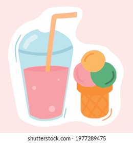 Vector color summer set illustration of strawberry cocktail with straw in plastic cup and pink bubbles with ice cream in a waffle cone