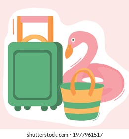 Vector color summer set illustration of Inflatable Lifebuoy Flamingo Suitcase Hand Luggage Beach Bag Green Pink Yellow 