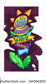 Vector color sun inscriptions signpost. Aloha, summer, beach, paradise illustration