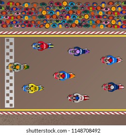 Vector color superbikes on a brown race track with stands and spectators