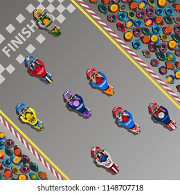 Vector color superbikes on the finish line of the race track with stands and spectators