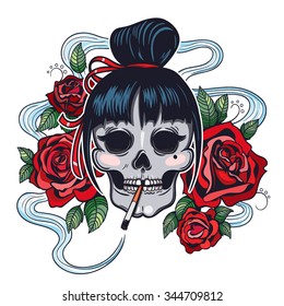 Vector Color Tattoo Woman Skull Illustration