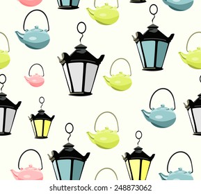 Vector color tea kettle seamless pattern. 
