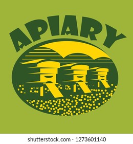 Vector color template for an apiary with three beehives and a meadow of honey plants.