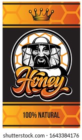 Vector color template for packing honey with beekeeper.