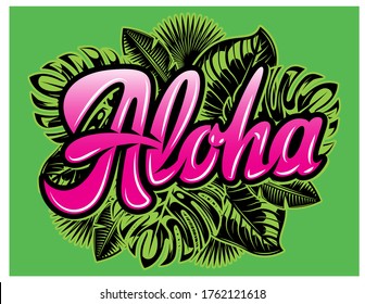 Plantilla de color vectorial con hojas de palma y la inscripción Aloha.