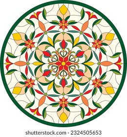 Vector color template of round stained glass window. Floral ornament for a ceiling or a multi-colored glass window.