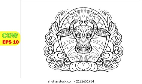 vector. color therapy for adults animal cow. coloring. antistress. one line. Relaxing drawing. monochrome illustration for print. outline wild animal. zen meditation. Page for relaxation