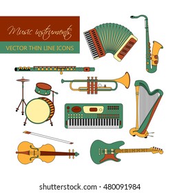 Vector color thin line icons with different music instruments: synthesizer, drums, accordion, violin, trumpet, harp, drum, saxophone, electric, guitar, flute, piano
