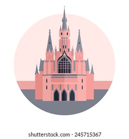 Vector color travel round icon with pink gothic castle in flat style. 
