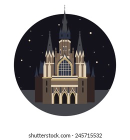Vector color travel round icon with gothic castle in flat style at night