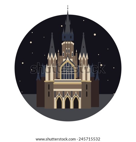 Vector color travel round icon with gothic castle in flat style at night