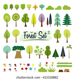 Vector color trees set. Part 2. Various trees, bushes, grass, flowers, 
mushrooms. Cartoon flat trees. Fir, pine, spruce, larch, baobab. Different simple trees,  shrubs on white background. Colorful.