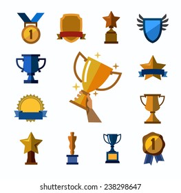 vector color trophy and awards icons set on white