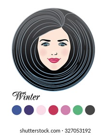 Vector color type for women: Winter. Color beautiful girl face in circle. Fashion. Woman head in a round. Logotype.