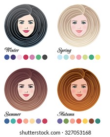 Vector color types for women beauty set: Winter, Spring, Summer, Autumn. Color beautiful girls faces in circles, make up shades matching each type. Illustration. Fashion. Woman head in a round.