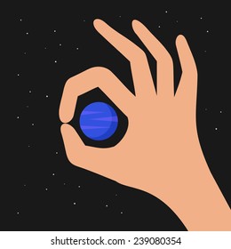 Vector color unusual illustration with hand and blue planet. That's OK.
