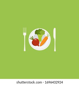 Vektorfarbige Gemüse Zuckerrüben Karottenbroccoli Symbol. Lebensmittelzeichen mit Teller und Gabelmesser. Gesunde Lifestyle-Illustration für Print, Web. Designelement