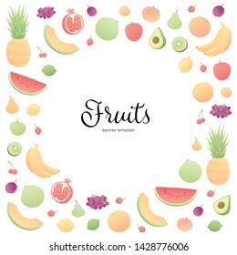 Vector color veggy fruit banner. Modern style flat circle frame of fruits with place for text isolated on white background. Design for poster, backdrop, web, summer, vegeterian menu, vitamins.