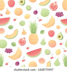 Vector color veggy fruit seamless pattern. Modern style flat tile of fruits isolated on white background. Design for web, vegeterian, summer, menu, vitamins, print, texture, wrapping, paper.