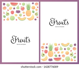 Vector color veggy fruit set of posters. Modern style vertical flat frame of fruits with borders isolated on white background. Design for banner, backdrop, web, summer, vegeterian menu, vitamins.