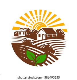 vector color village houses emblem and landscape