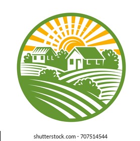 vector color village houses emblem and landscape