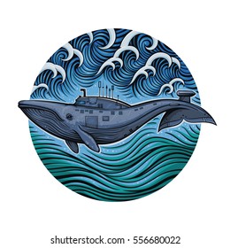 Vector Color Whale Submarine on the Waves Illustration