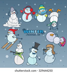 Vector Color Winter Snowman Set for Christmas