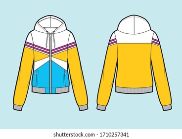 Vector color. Women's hooded sweatshirt with zipper (back, front and side view)