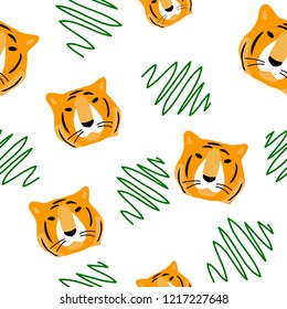 vector color yellow red tiger head animal  cartoon doodle seamless  pattern simple childish design for textile paper